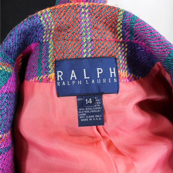 Ralph Lauren Woven Plaid Blazer Multicolor Pink Silk Wool Single Breasted Sz 14 - Picture 6 of 6